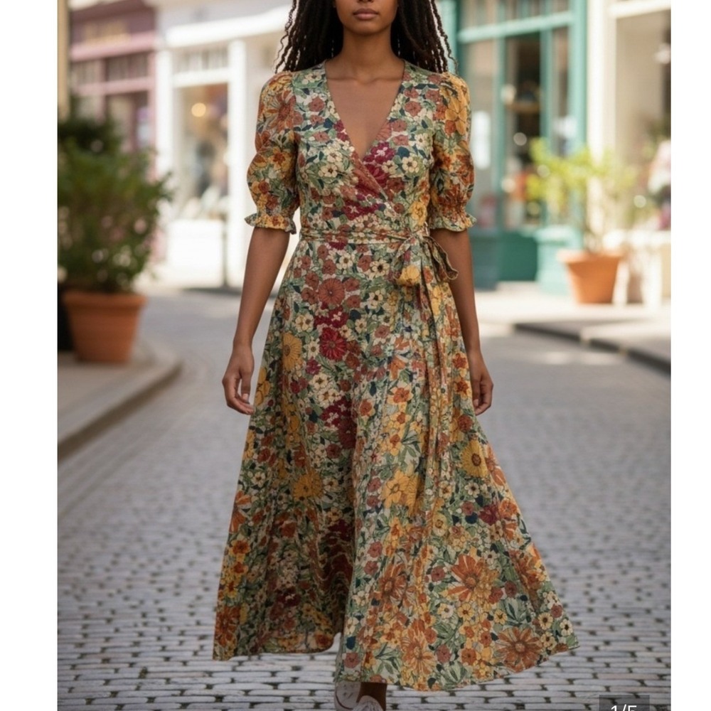 Natural Life Sophia Floral Wrap Maxi Dress Size M Boho Retro